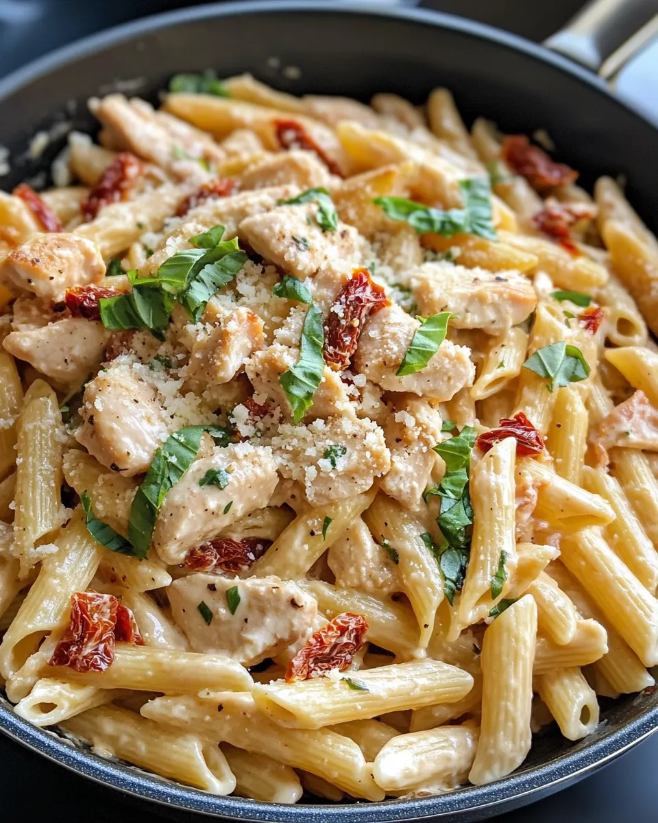Easy Creamy Sun-Dried Tomato Chicken Pasta food shot