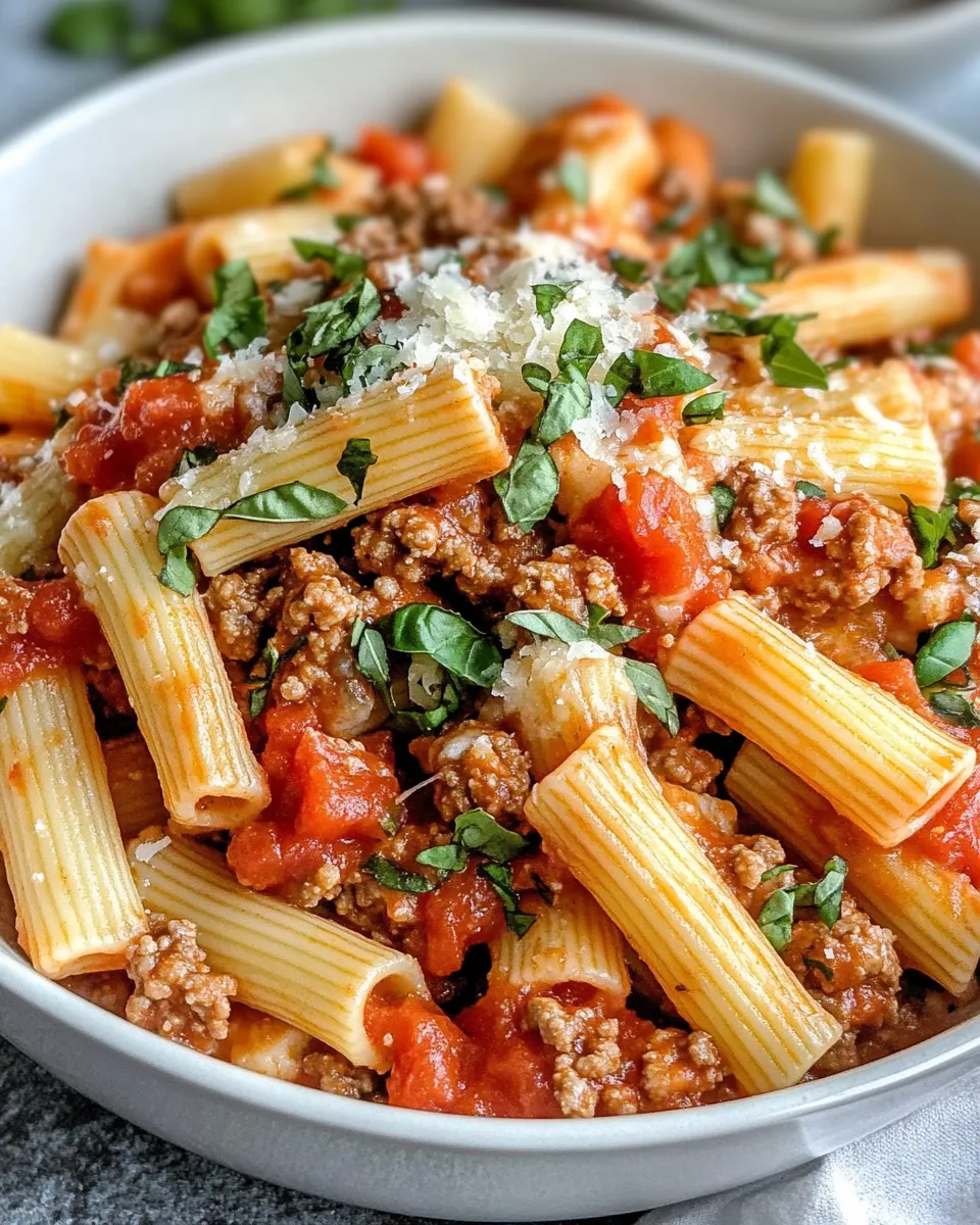 Classic Creamy Tomato Meat Sauce Pasta food shot