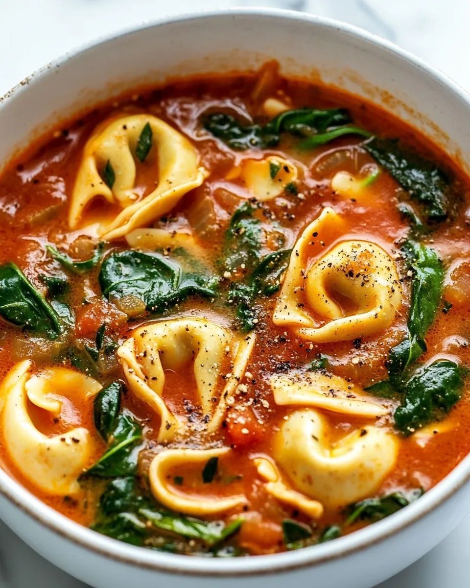 Easy Creamy Tomato Tortellini Soup with Spinach food shot
