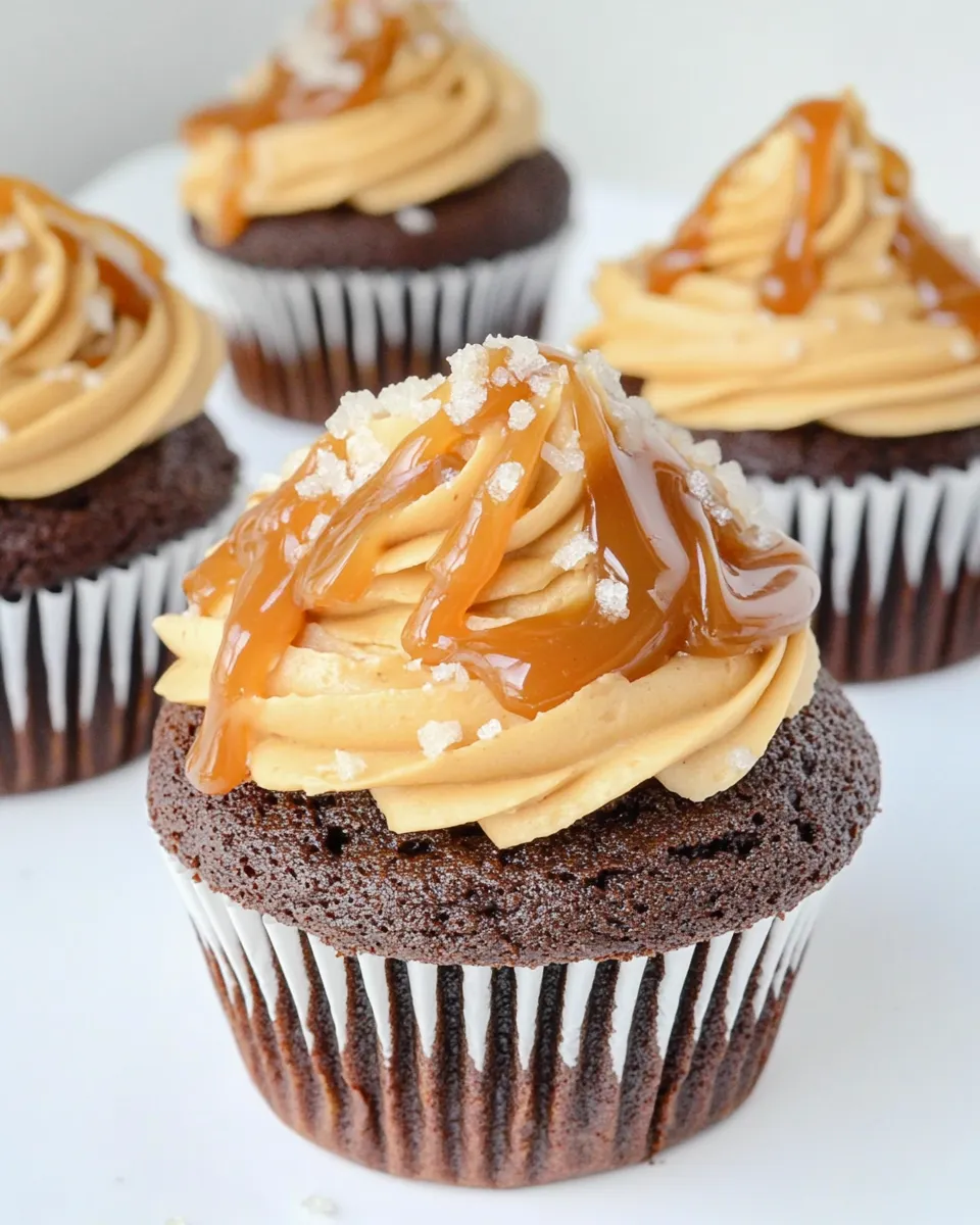 Classic Dark Chocolate Brownie Cupcakes with Salted Caramel Frosting image