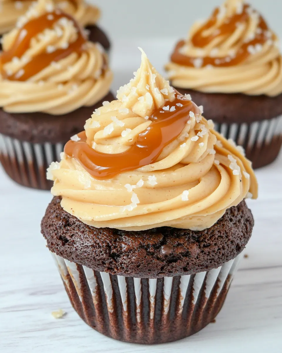 Delicious Dark Chocolate Brownie Cupcakes with Salted Caramel Frosting shot