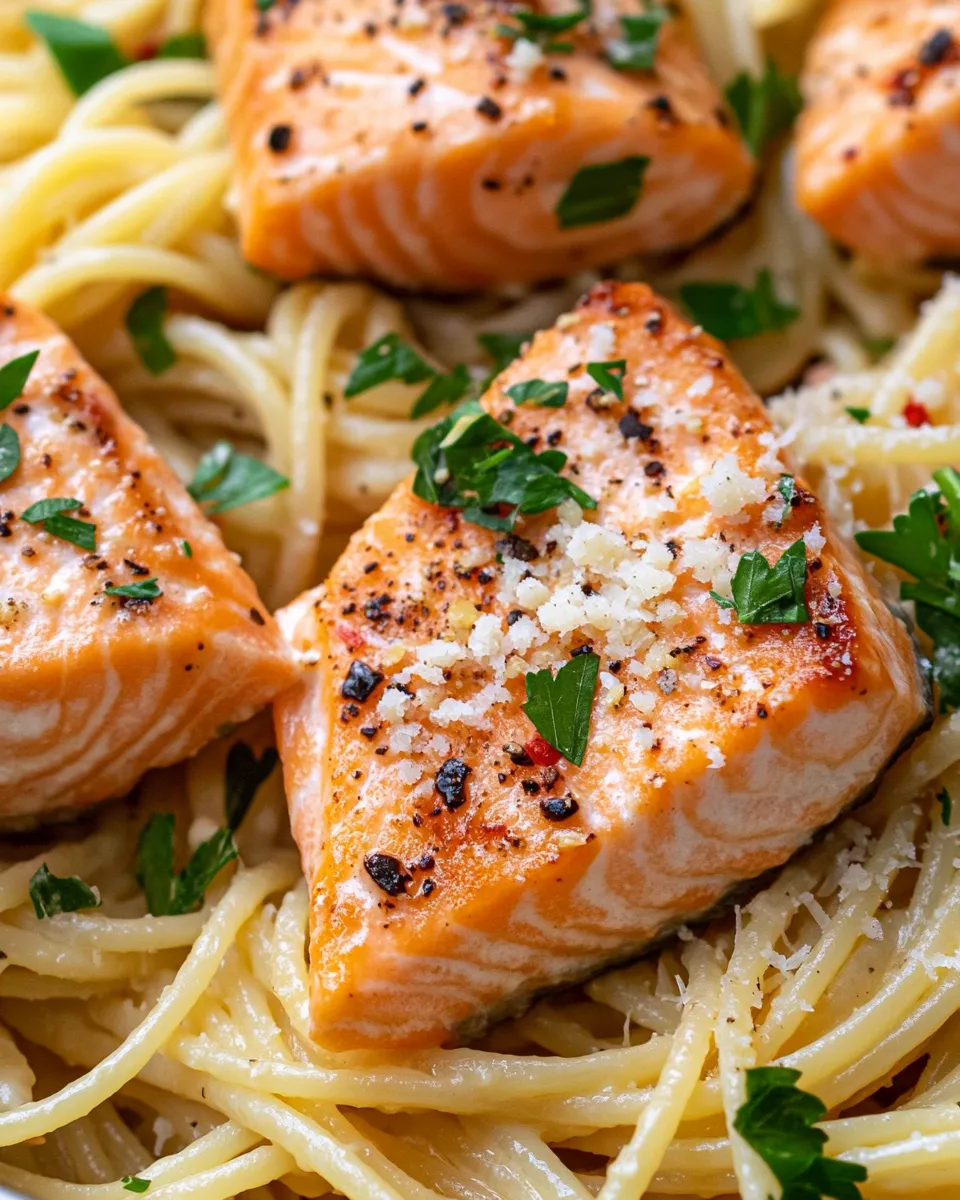 Easy Garlic Butter Salmon Pasta food shot