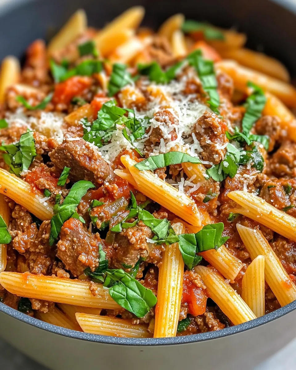 Easy Italian Beef Ragu with Penne food shot