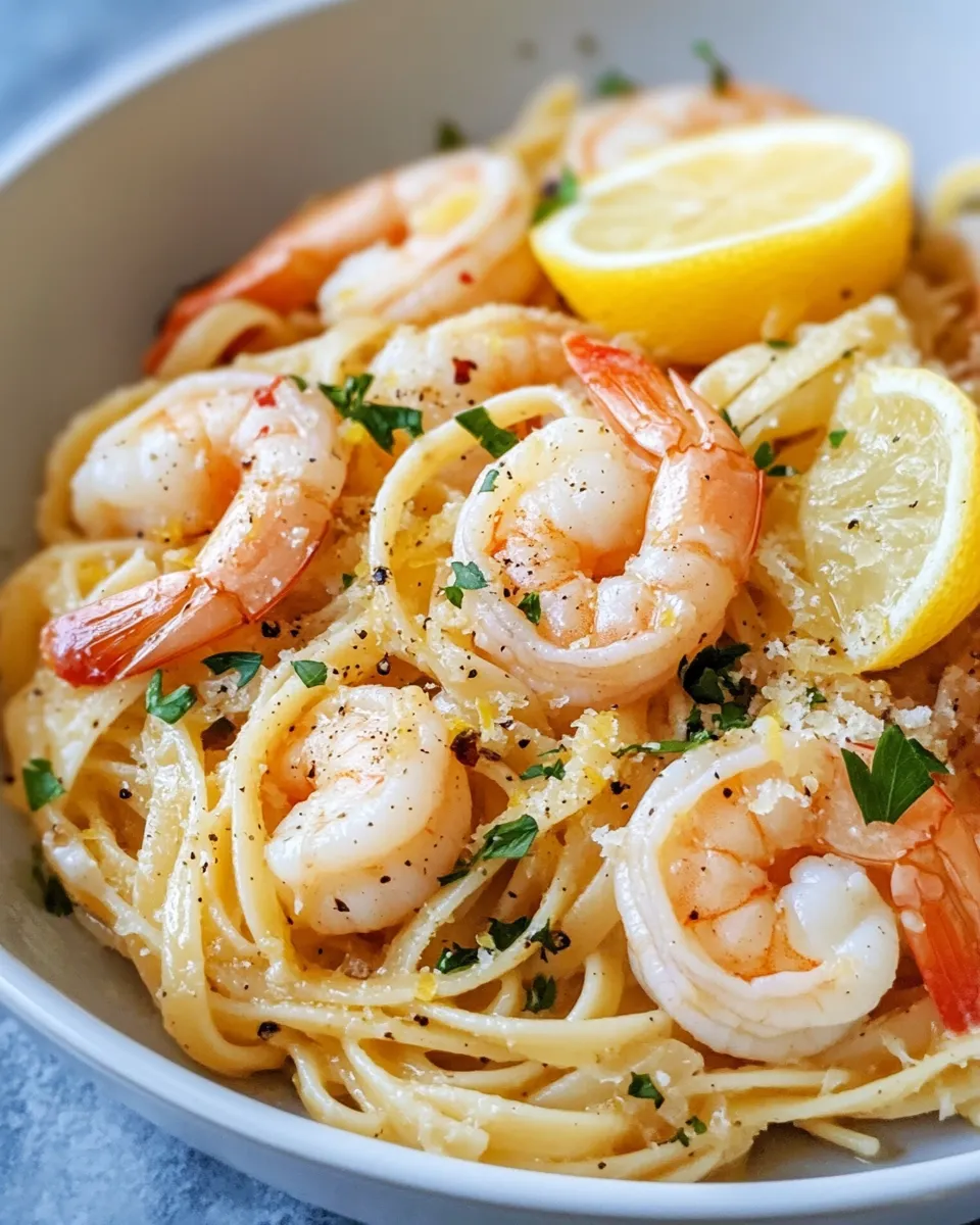 Delicious Lemon Butter Shrimp Pasta food shot