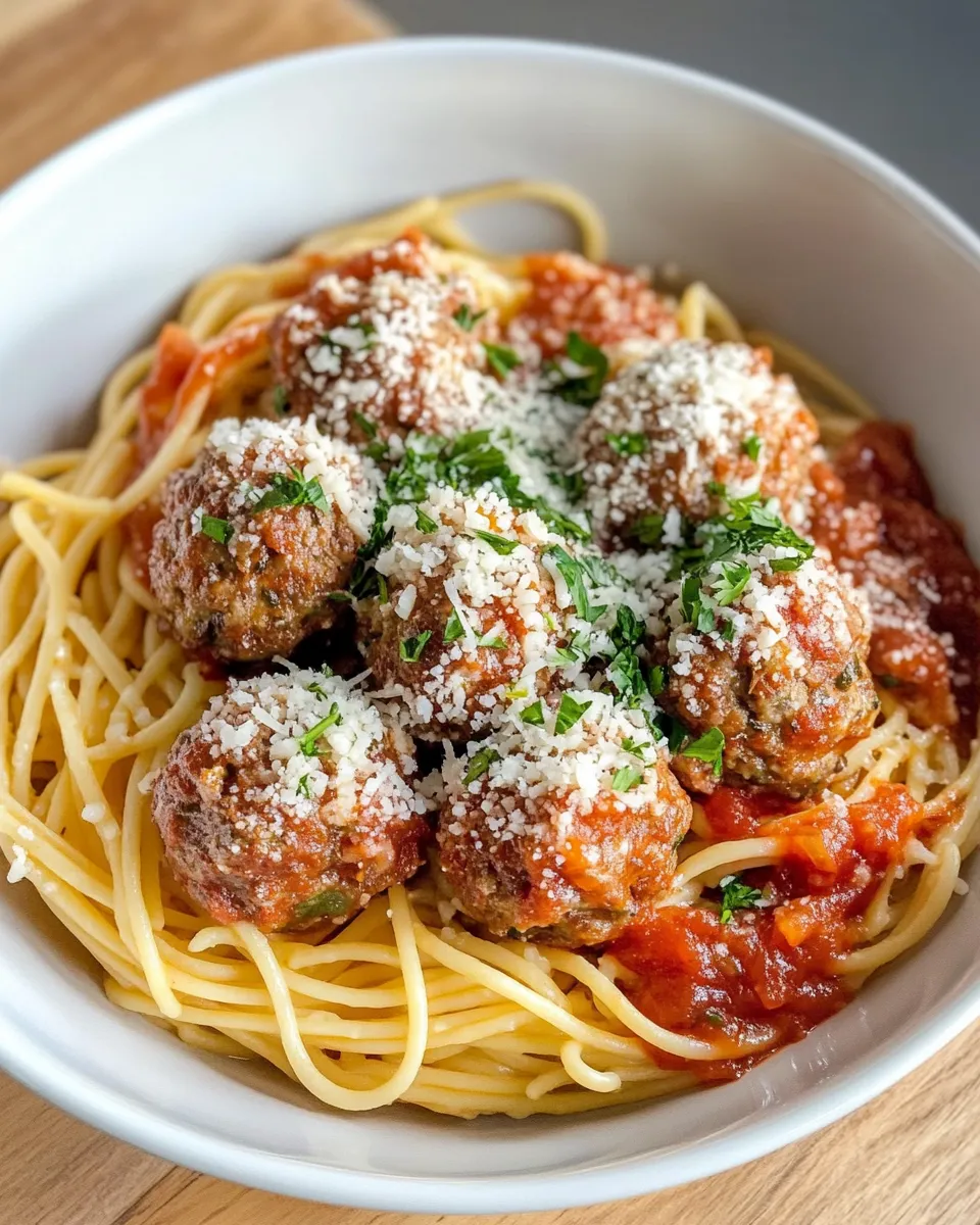 Classic Parmesan Meatball Pasta Bowls food shot