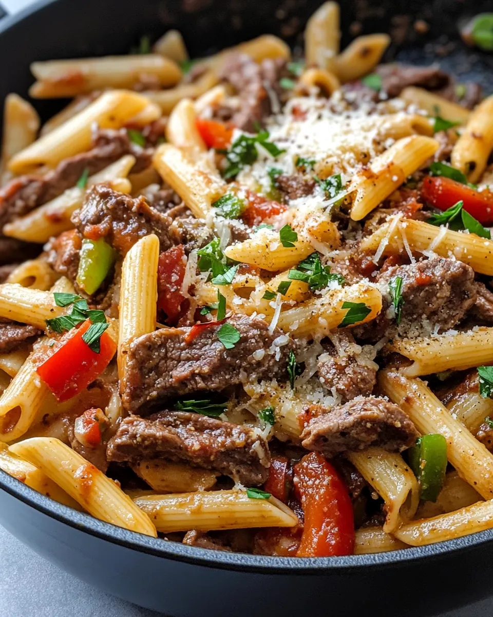 Delicious Philly Cheesesteak Pasta Skillet food shot