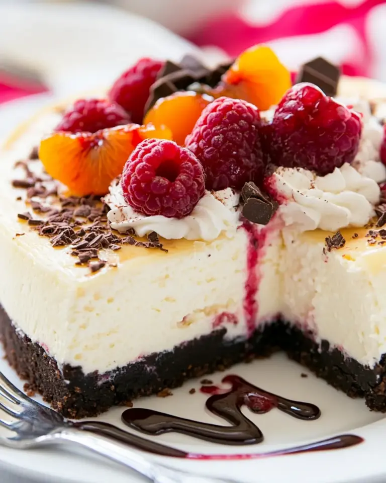 Homemade Raspberry Apricot Cheesecake with Chocolate Crust photo
