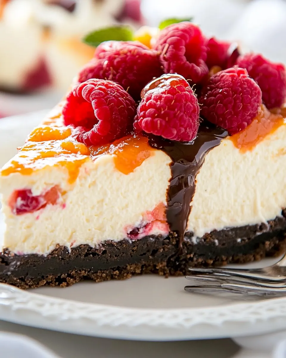 Easy Raspberry Apricot Cheesecake with Chocolate Crust recipe image