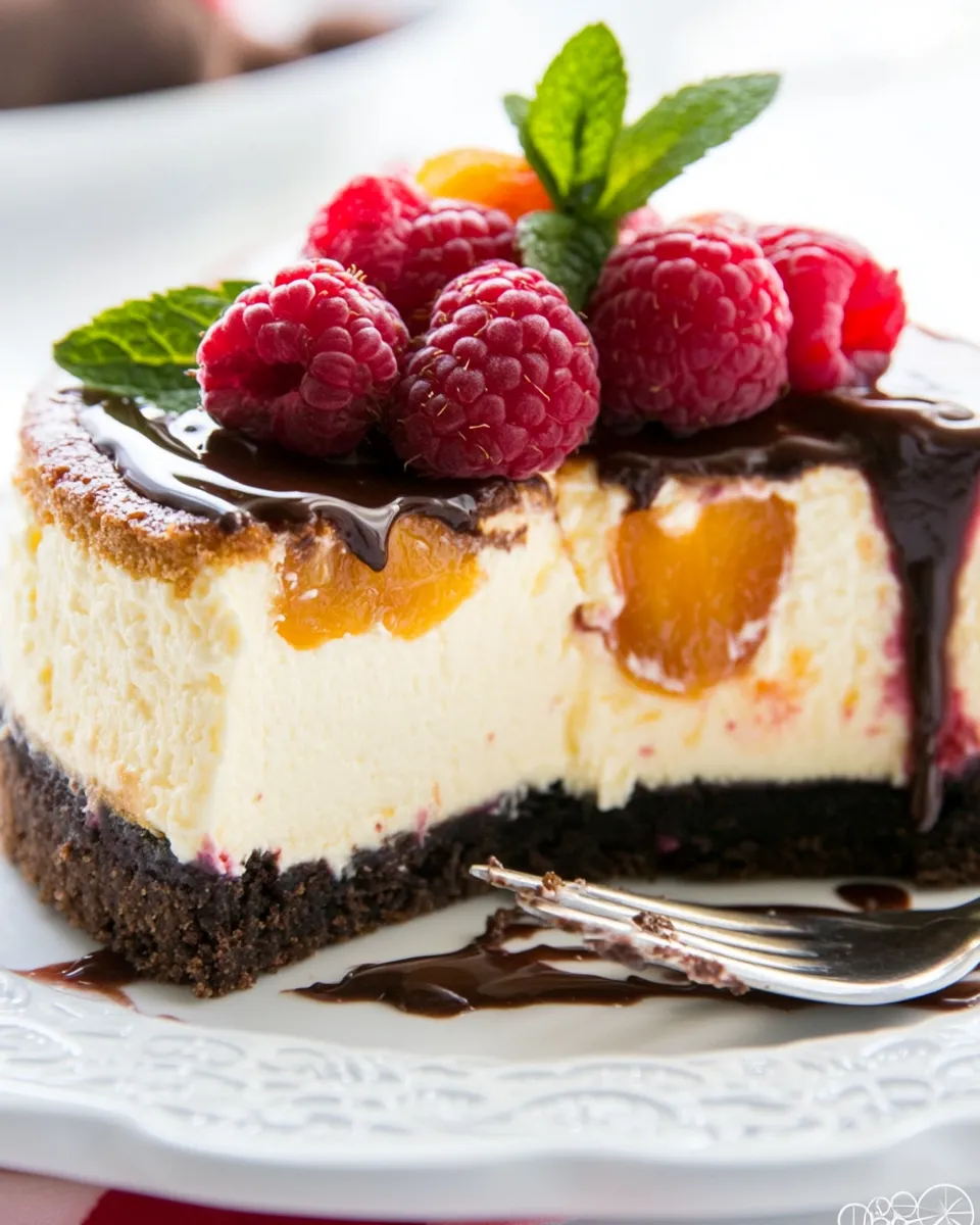 Delicious Raspberry Apricot Cheesecake with Chocolate Crust dish photo