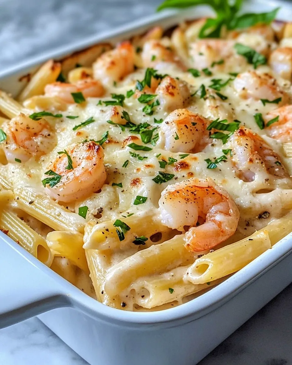 Classic Shrimp Alfredo Penne Bake dish photo