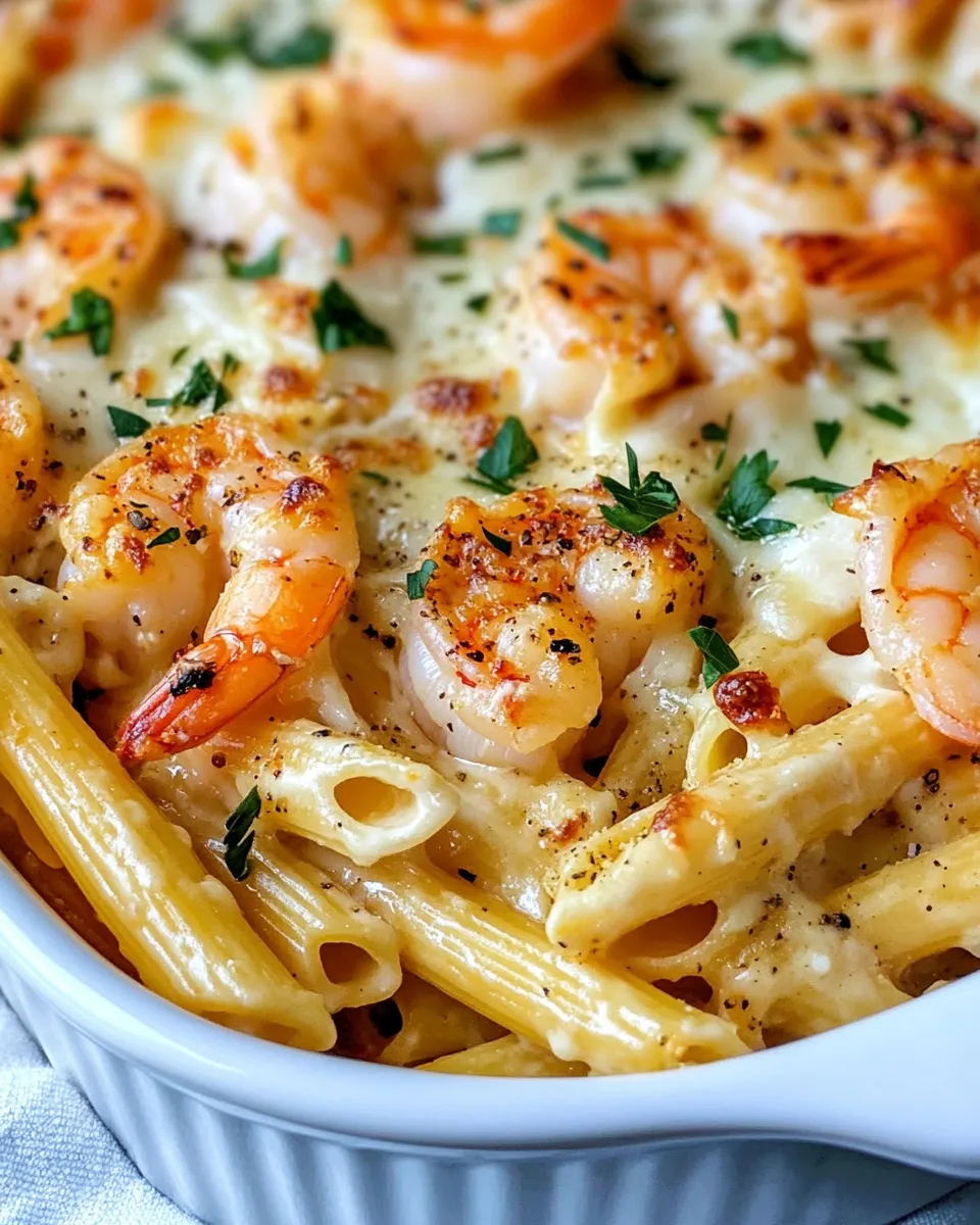 Easy Shrimp Alfredo Penne Bake food shot