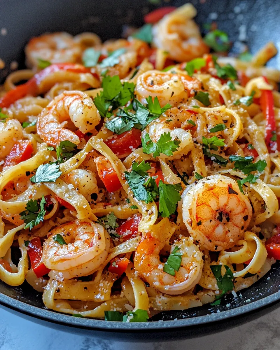 Easy Shrimp Fajita Pasta Skillet food shot