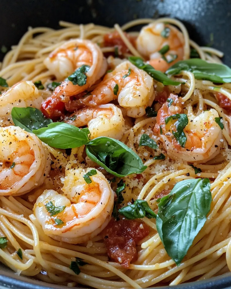 Easy Shrimp and Tomato Basil Pasta food shot