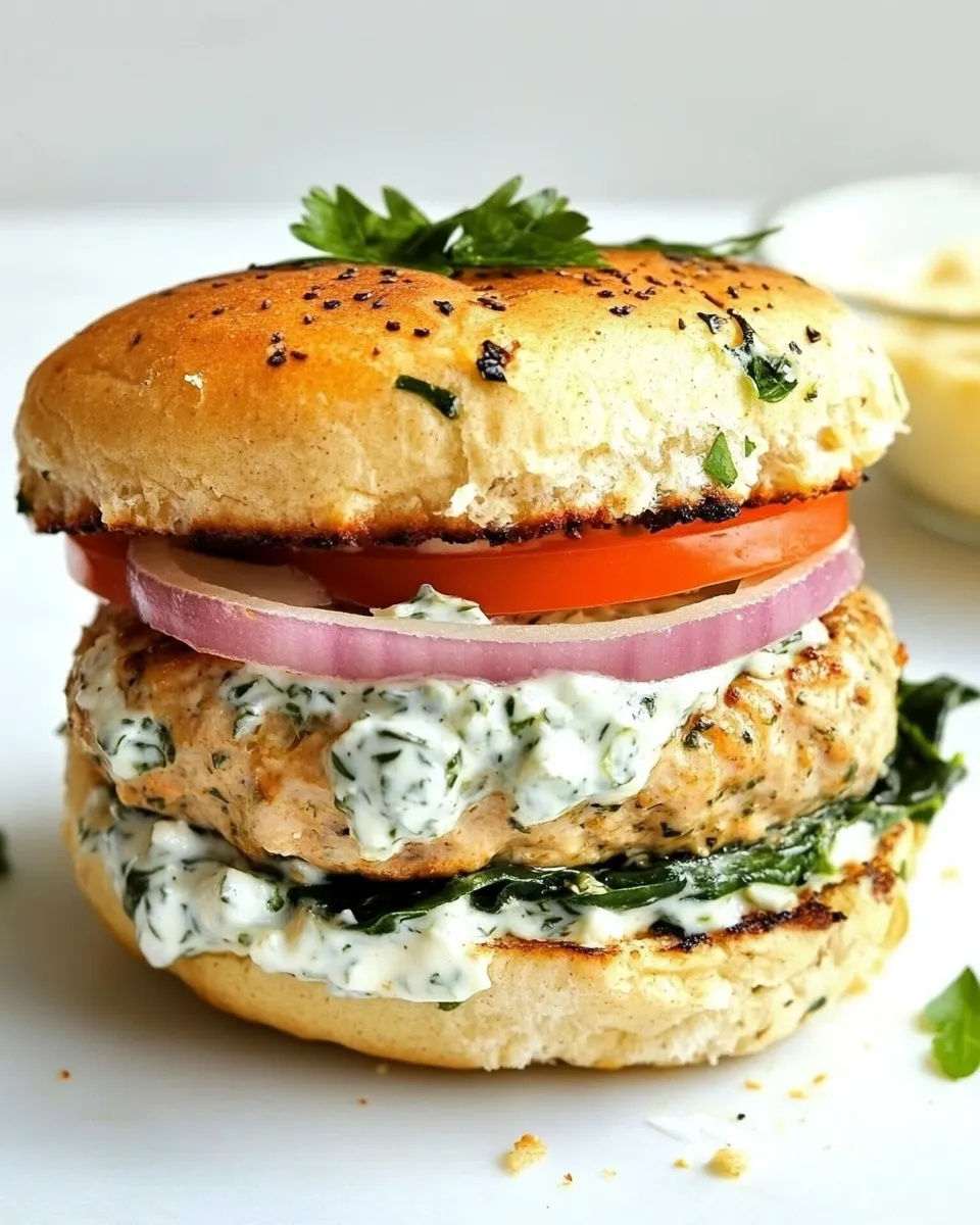 Tasty Spinach and Feta Turkey Burger with Tzatziki Sauce food shot