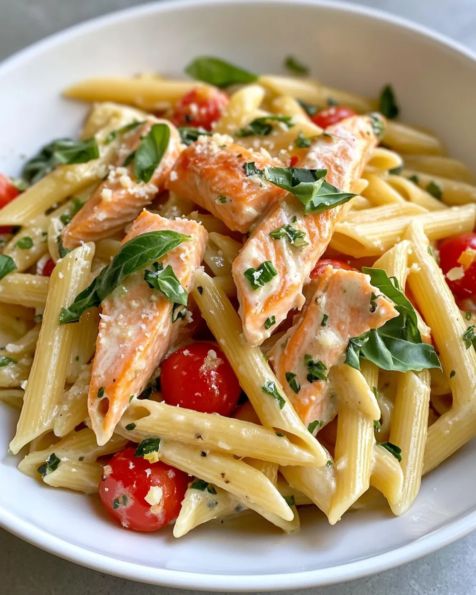 Easy Tuscan Salmon Penne food shot