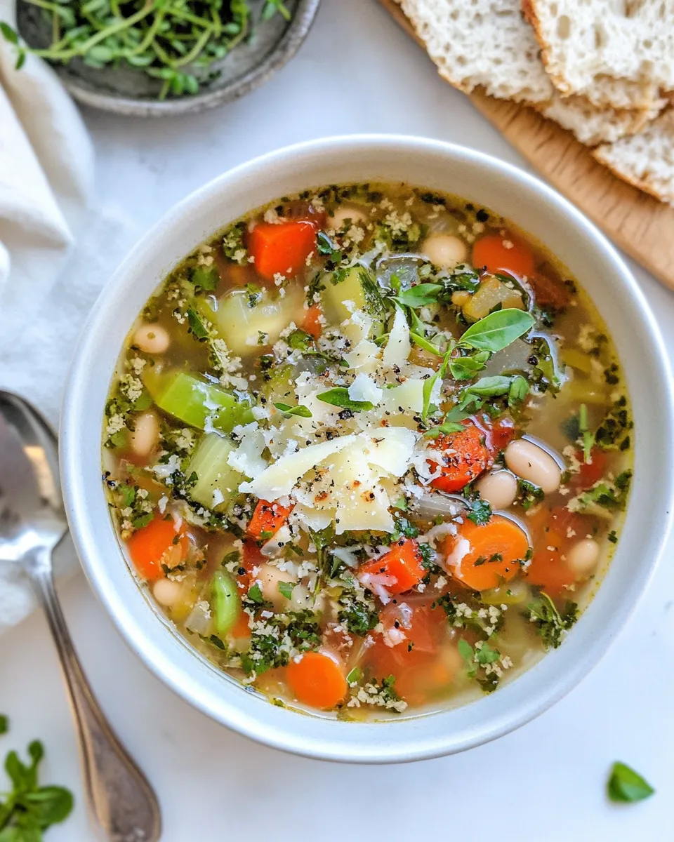 Delicious Tuscan Vegetable Soup with White Beans and Parmesan food shot
