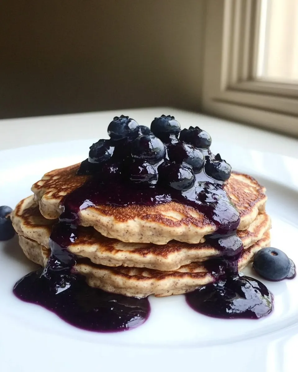 Easy Whole Wheat Kefir Pancakes with Blueberry Sauce food shot