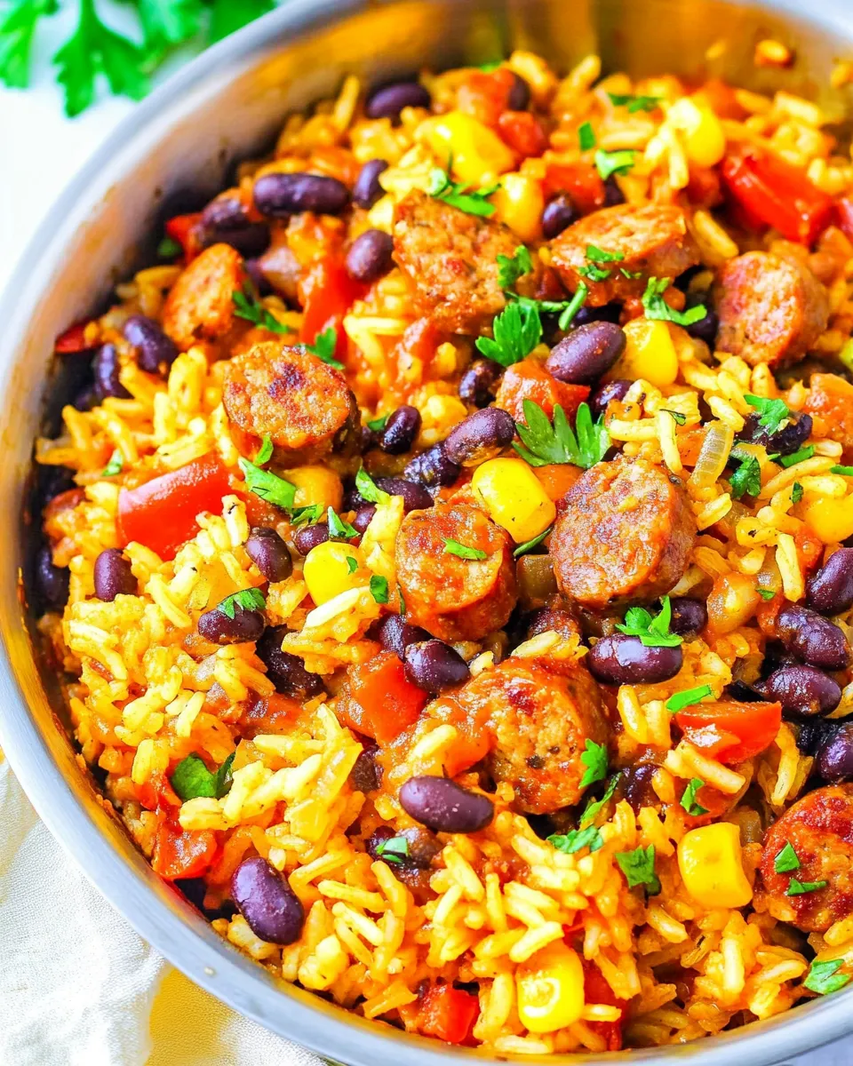 Healthy 15-Minute Mexican Sausage, Black Beans, and Rice Skillet dish photo