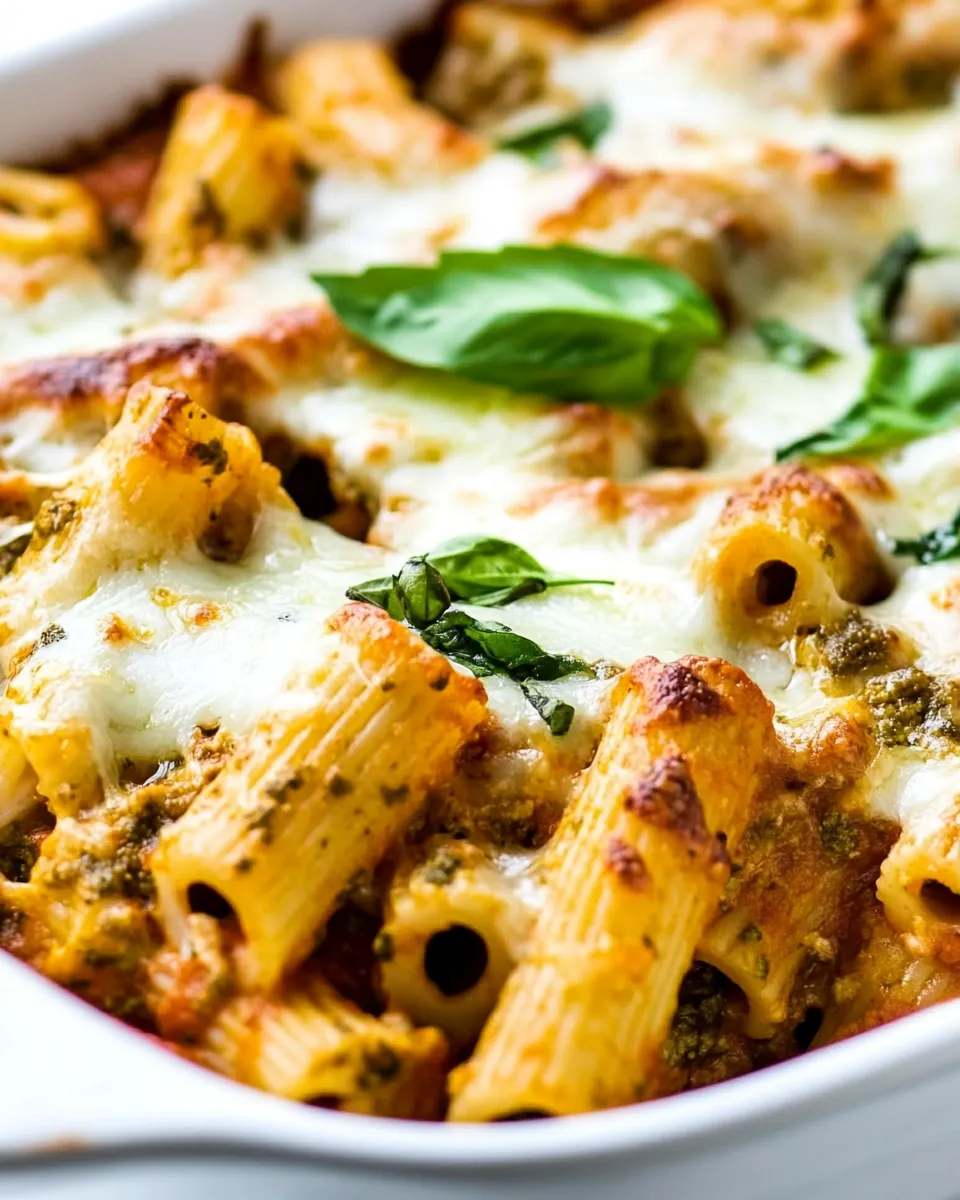Delicious 4 Ingredient Pesto Baked Rigatoni Recipe image