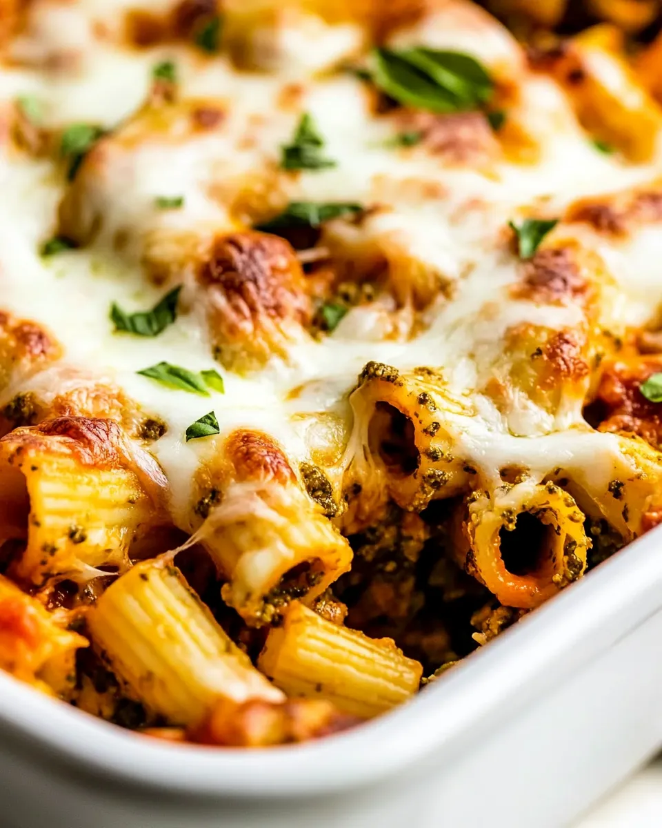 Homemade 4 Ingredient Pesto Baked Rigatoni Recipe shot