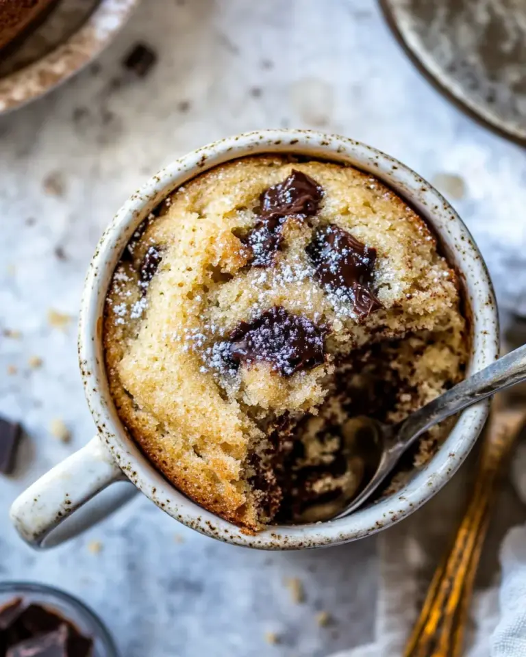 Easy 5 Minute Chocolate Chunk Banana Bread Mug Cake. food shot