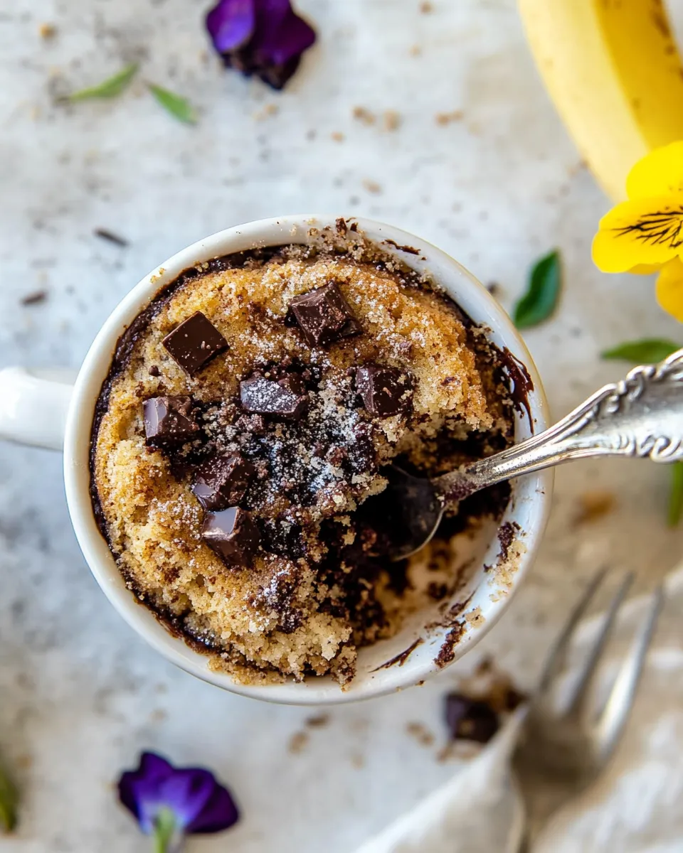 Perfect 5 Minute Chocolate Chunk Banana Bread Mug Cake. shot