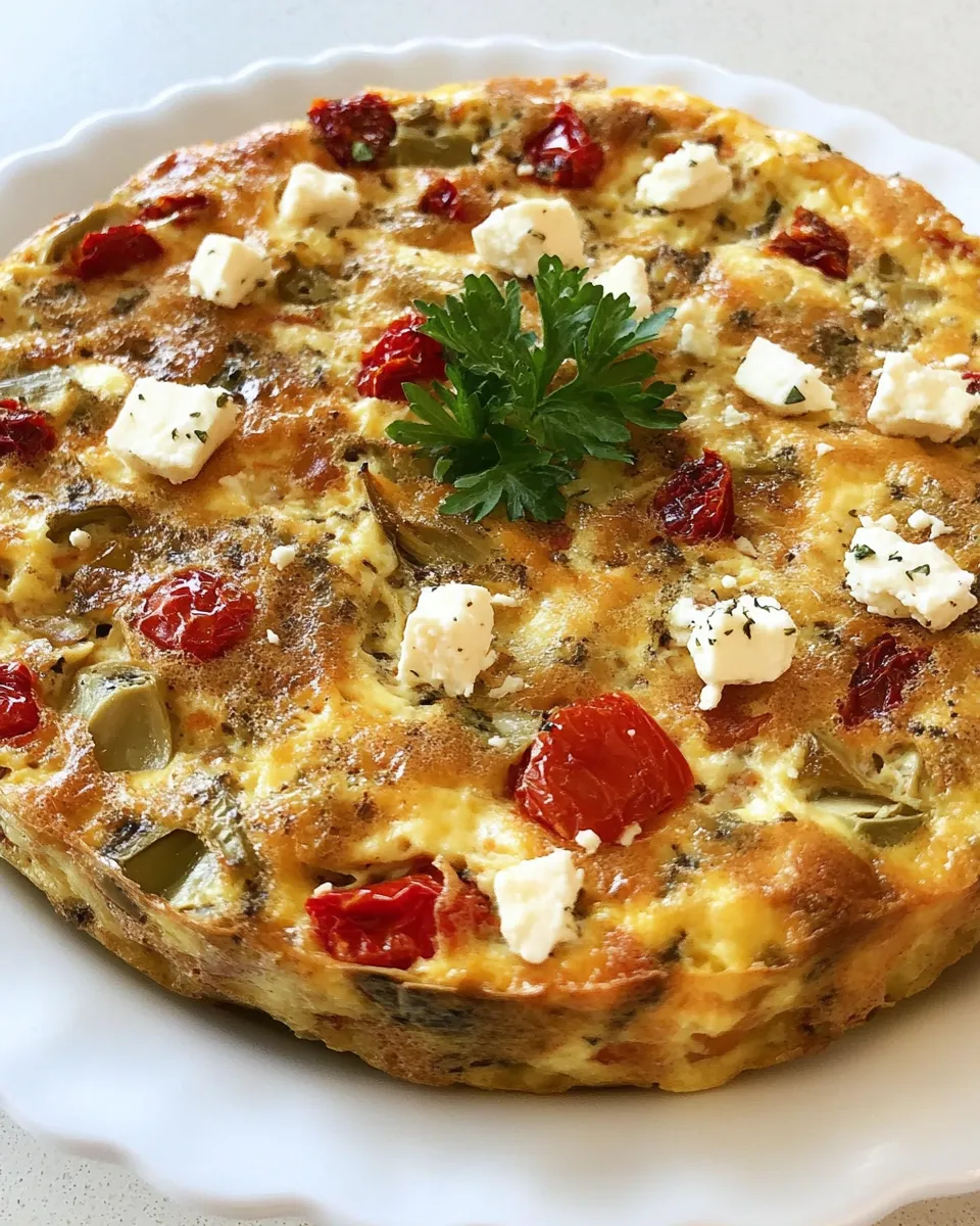 Delicious Baked Frittata with Artichokes, Sun Dried Tomatoes, and Feta Cheese shot