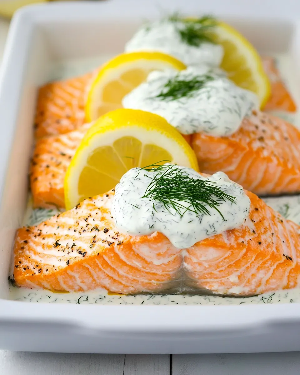 Healthy Baked Lemon Salmon with Creamy Dill Sauce recipe photo