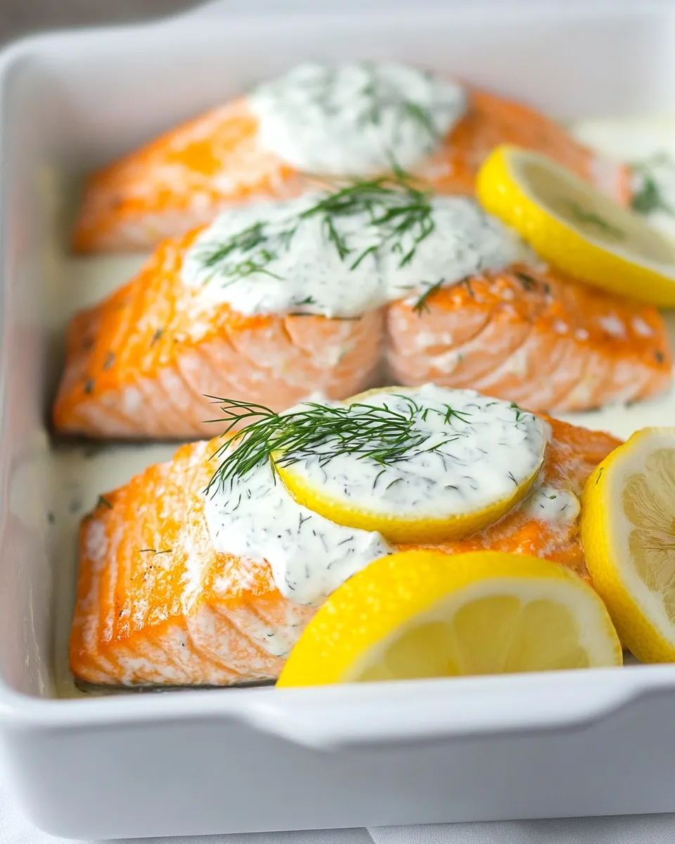 Quick Baked Lemon Salmon with Creamy Dill Sauce shot