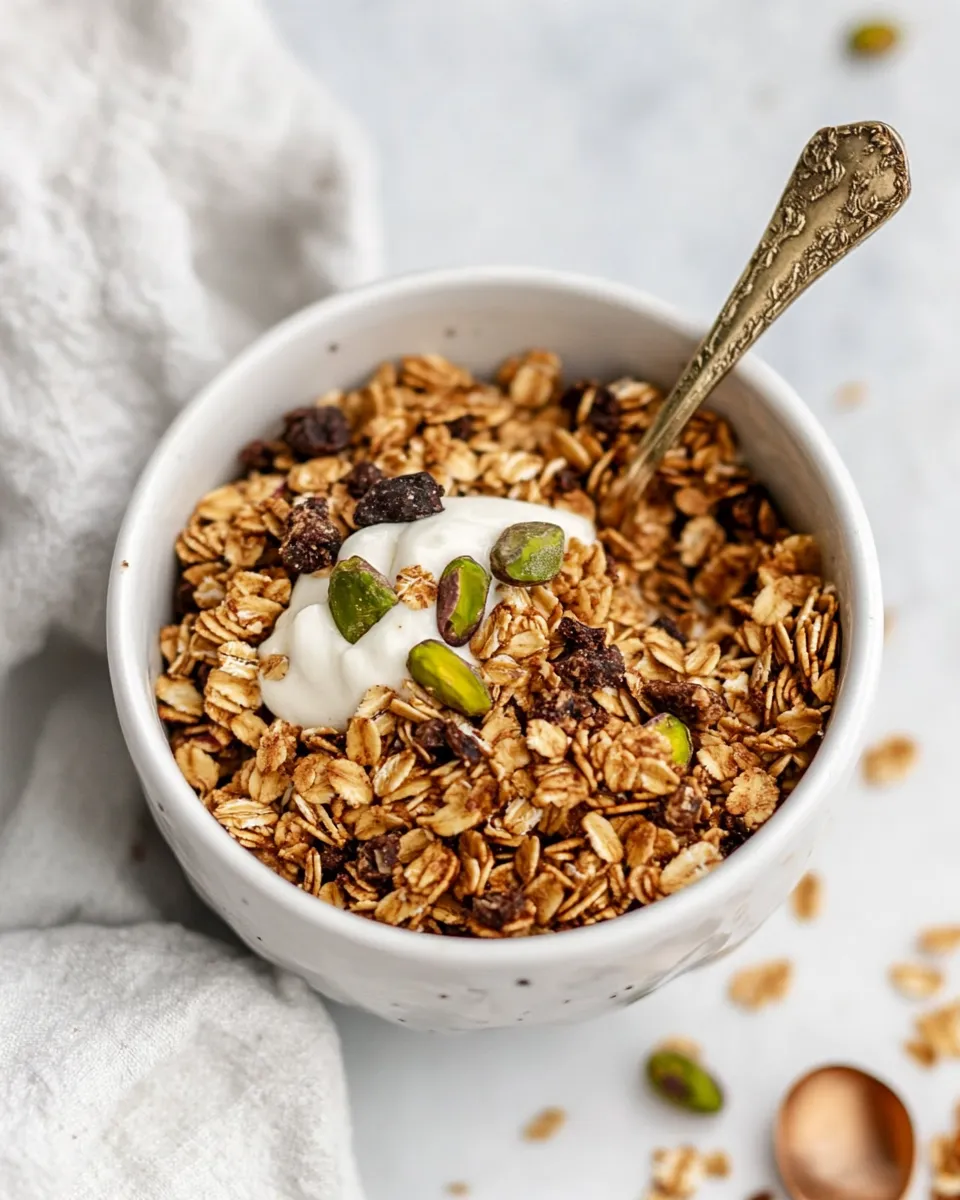 Amazing Brown Butter Pistachio Cookie Granola. food shot