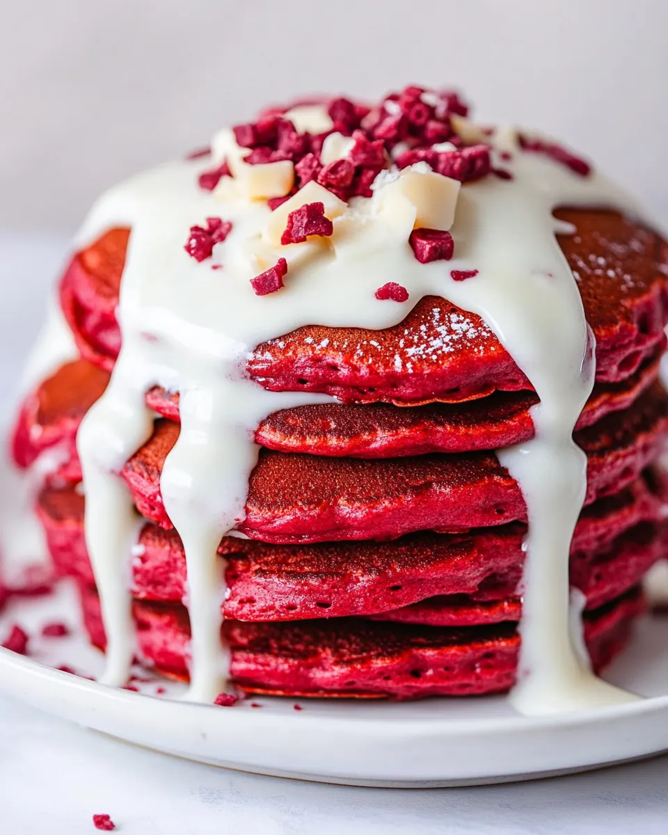 Homemade Cake Batter Red Velvet Pancakes with Cream Cheese Syrup photo