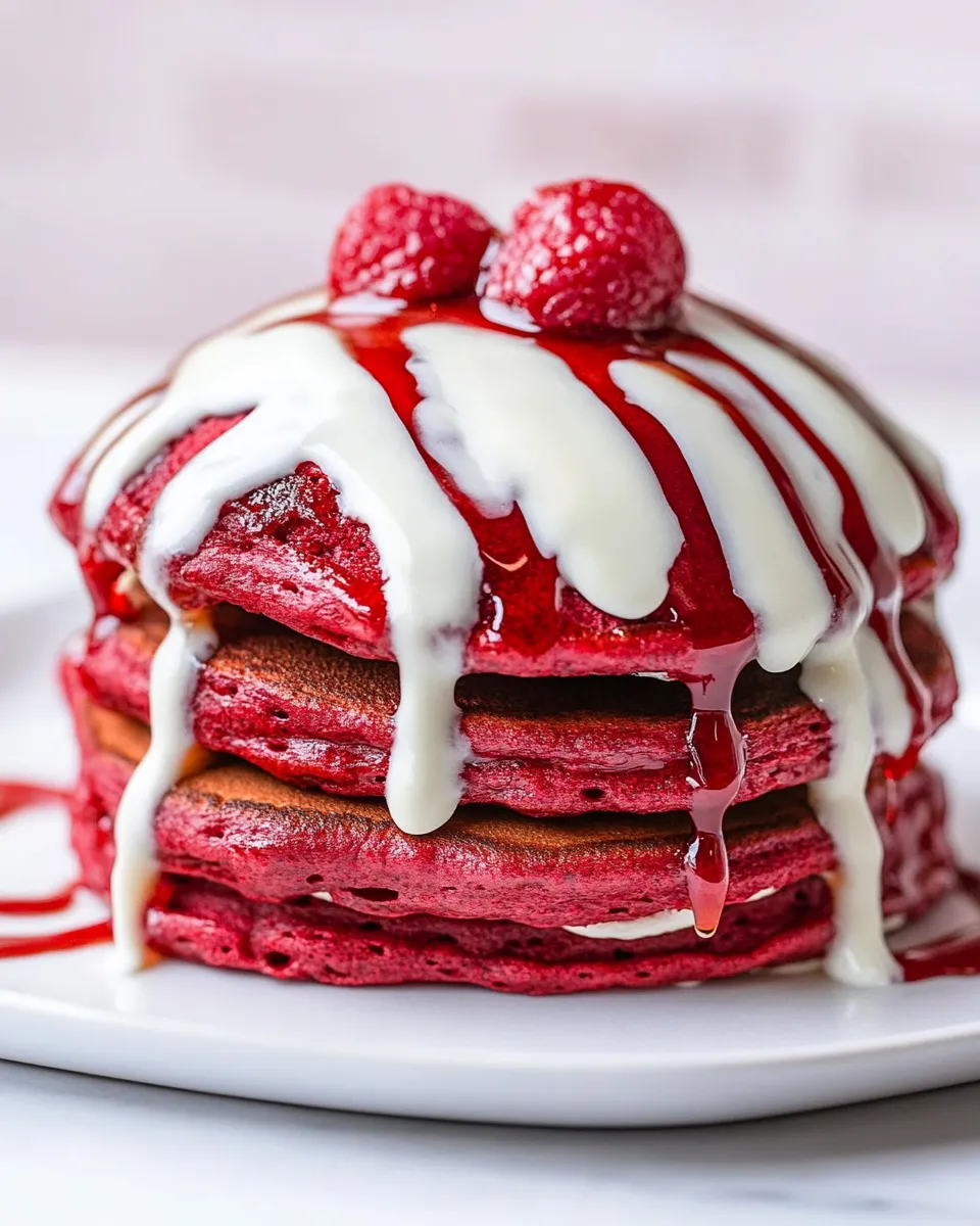 Classic Cake Batter Red Velvet Pancakes with Cream Cheese Syrup image