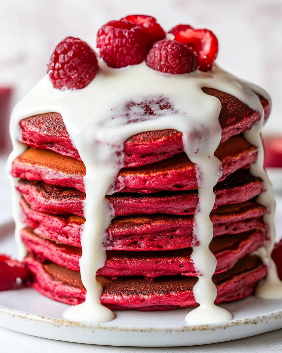 Easy Cake Batter Red Velvet Pancakes with Cream Cheese Syrup recipe photo