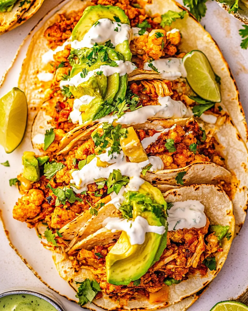 Savory Cauliflower Tinga Tacos with Avocado Crema shot