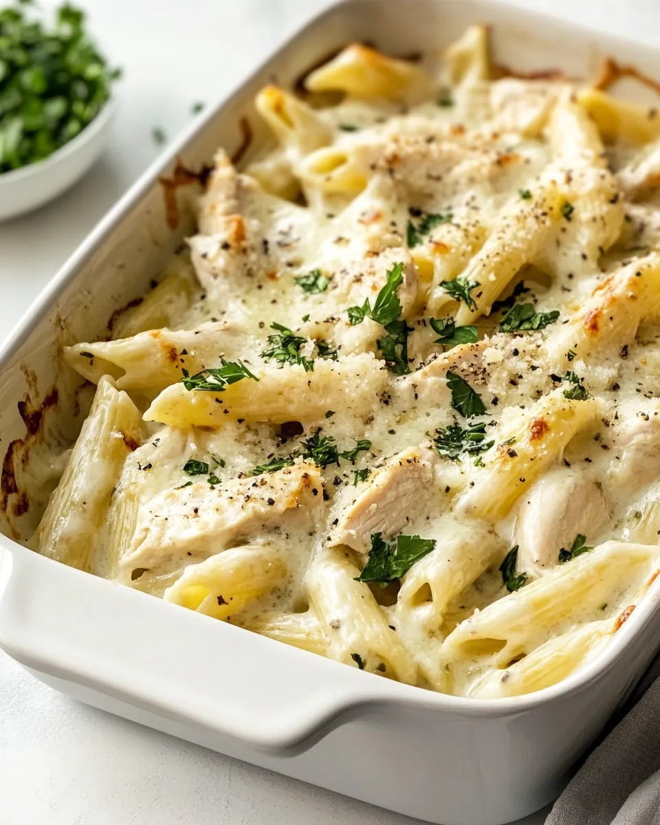 Tasty Cheesy Chicken Alfredo Pasta Bake shot