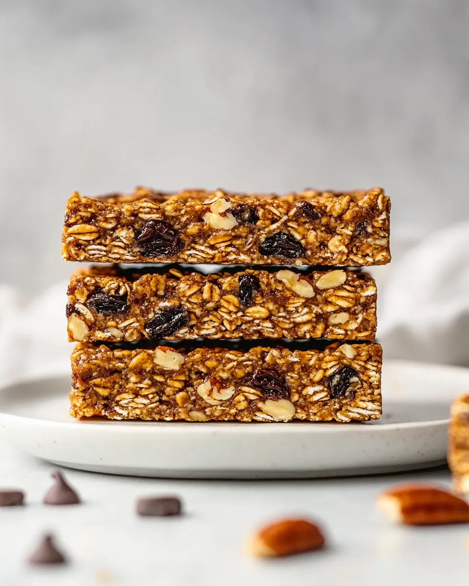 Homemade Chewy Granola Bars With Pecans, Raisins, and Chocolate Chips photo