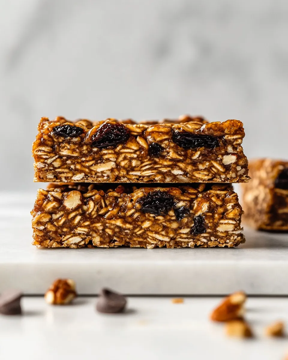 Delicious Chewy Granola Bars With Pecans, Raisins, and Chocolate Chips shot