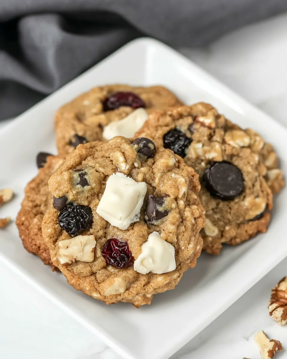 Homemade Chewy Oatmeal Cookies with Chocolate Chips, Pecans, and Dried Cherries photo