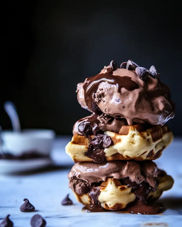 Quick Chocolate Chip Cookie Dough Stuffed Waffle and Chocolate Ice Cream Sandwiches. shot