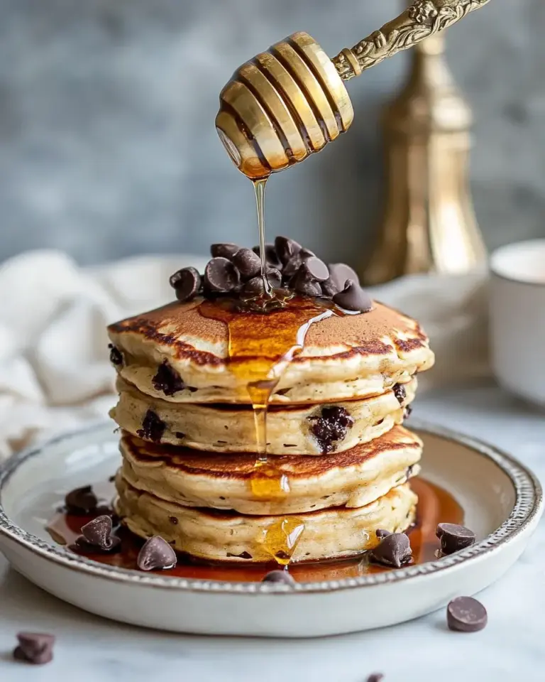 Classic Chocolate Chip Lemon Baklava Pancakes with Salted Vanilla Honey Syrup. food shot