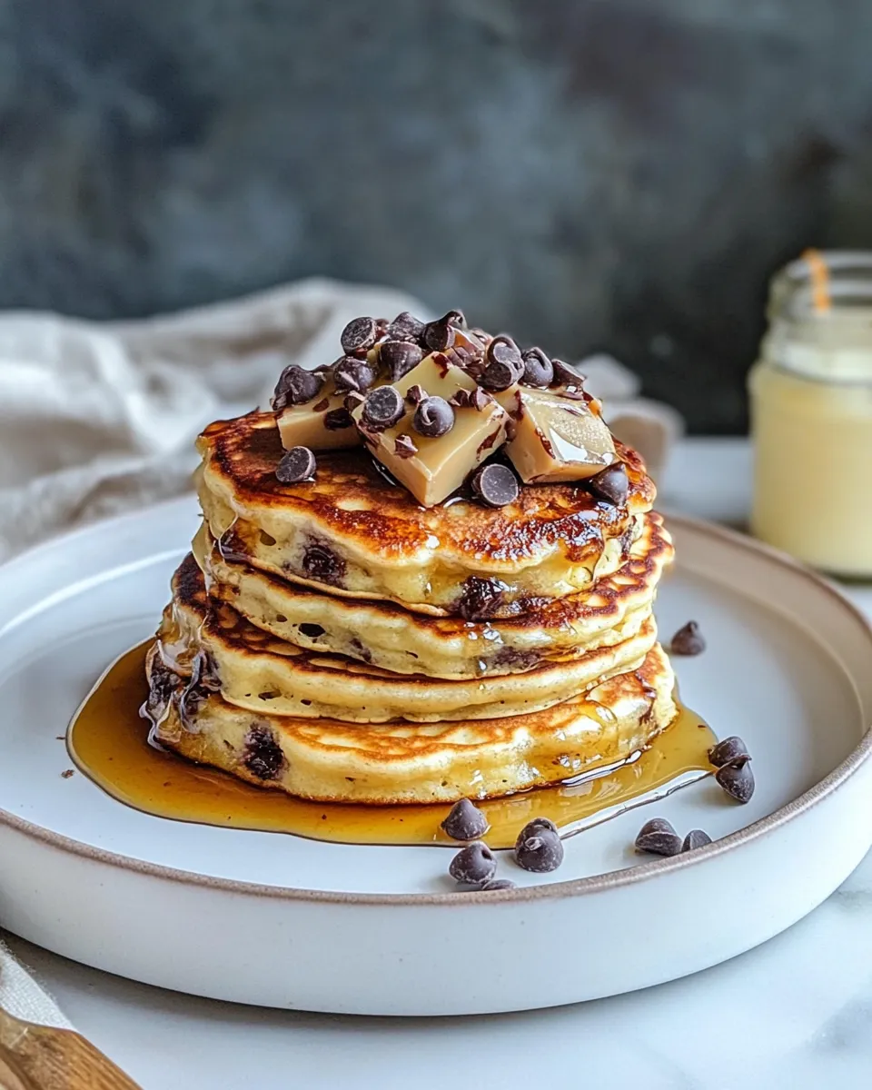 Amazing Chocolate Chip Lemon Baklava Pancakes with Salted Vanilla Honey Syrup. food shot