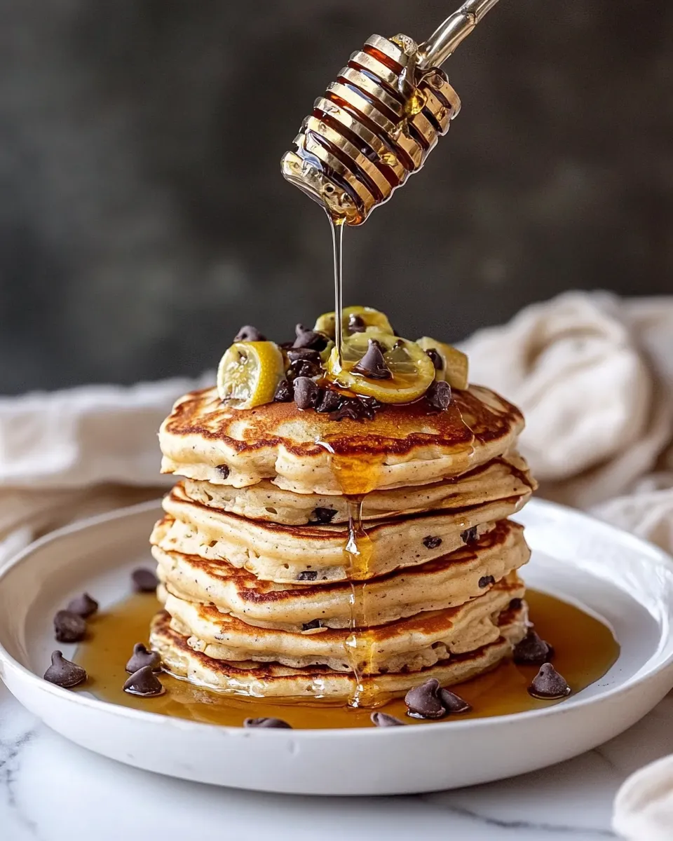Homemade Chocolate Chip Lemon Baklava Pancakes with Salted Vanilla Honey Syrup. shot