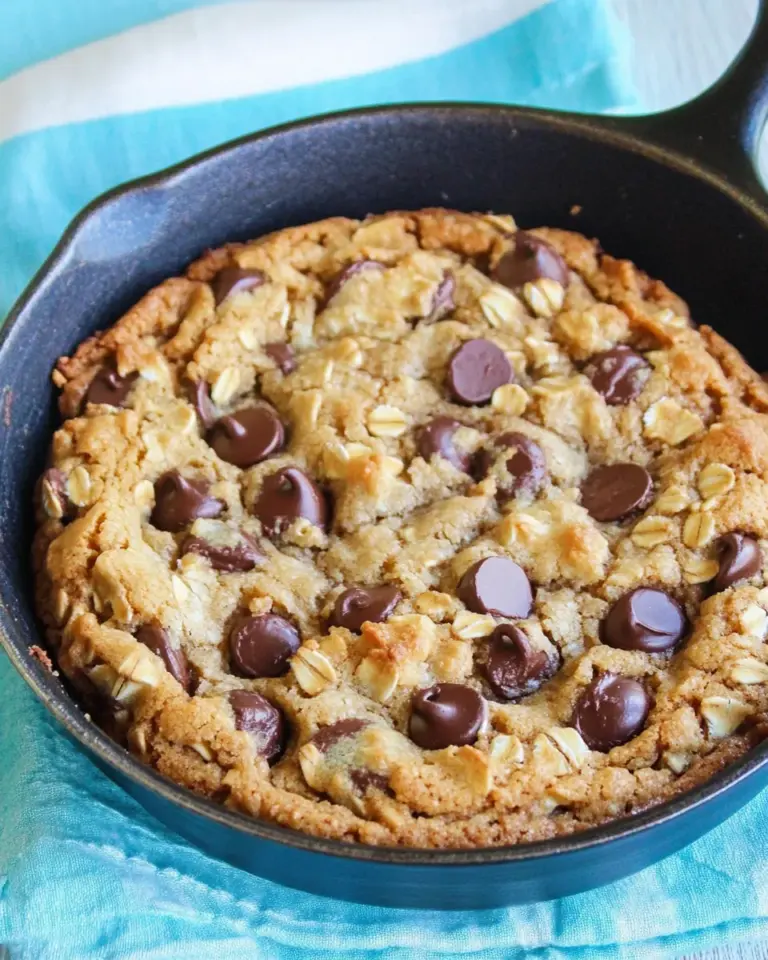 Homemade Chocolate Chip Peanut Butter Oatmeal Skillet Cookie photo