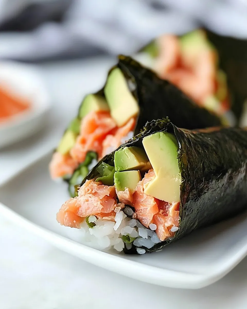Delicious Cooked Salmon Hand Rolls shot