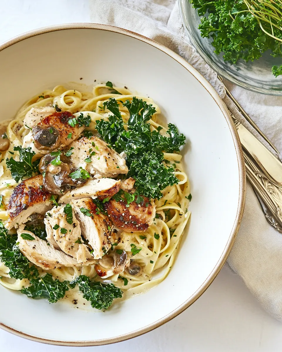 Homemade Creamy Chicken Picata Pasta with Kale dish photo