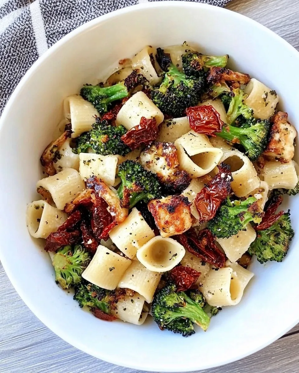 Savory Creamy Goat Cheese Pasta with Roasted Broccoli and Sun-Dried Tomatoes food shot