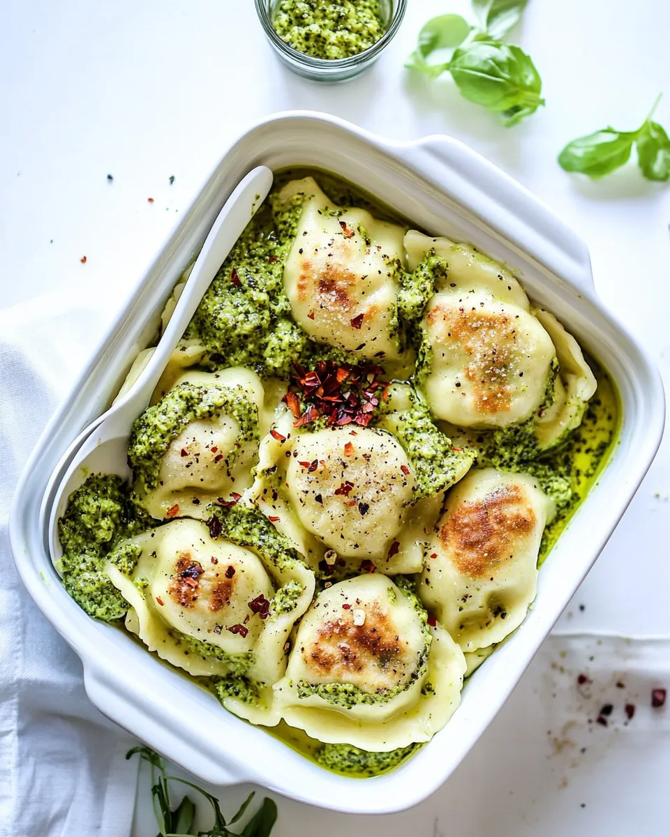 Delicious Crispy Baked Pierogies with Broccoli Pesto image