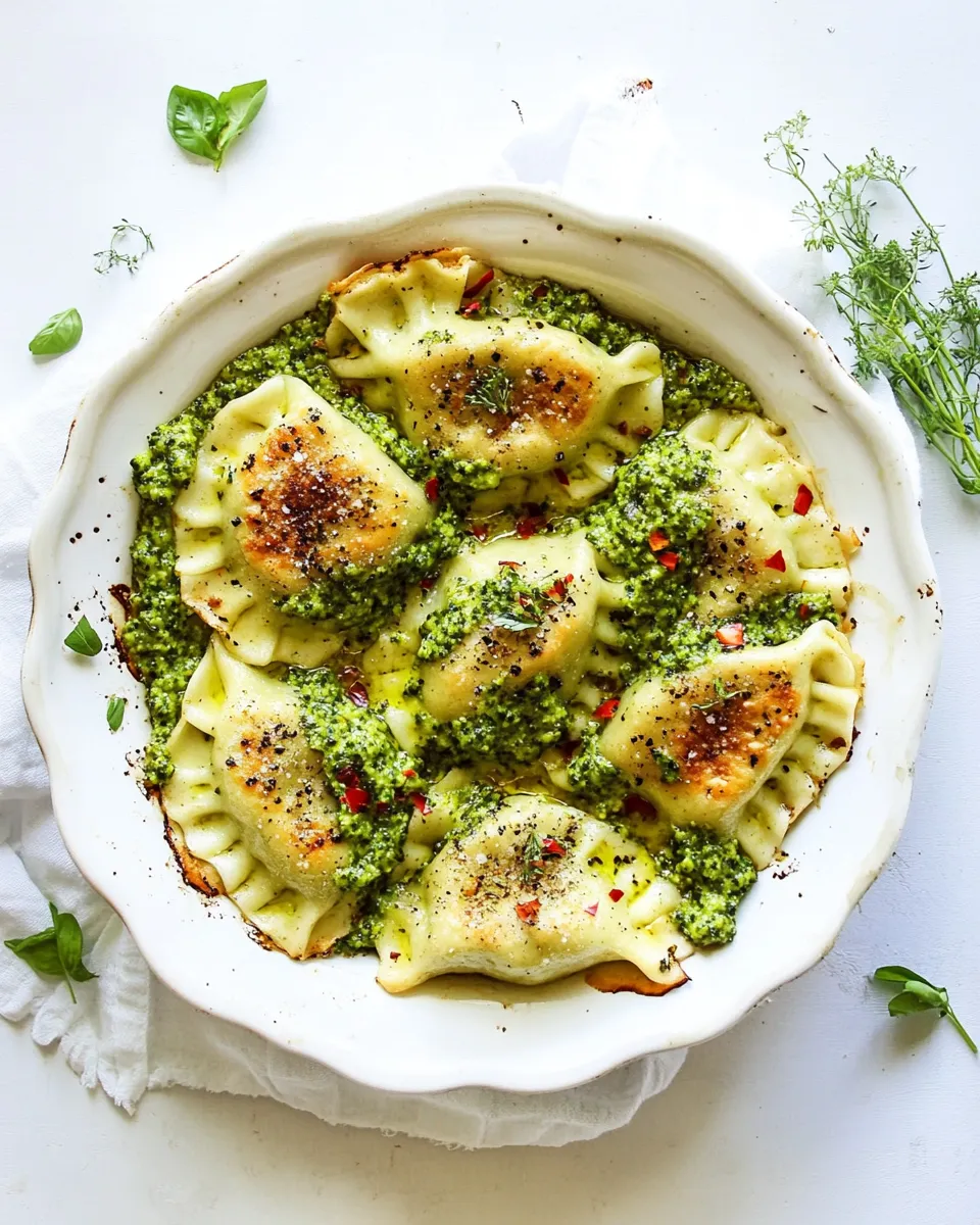 Homemade Crispy Baked Pierogies with Broccoli Pesto recipe photo