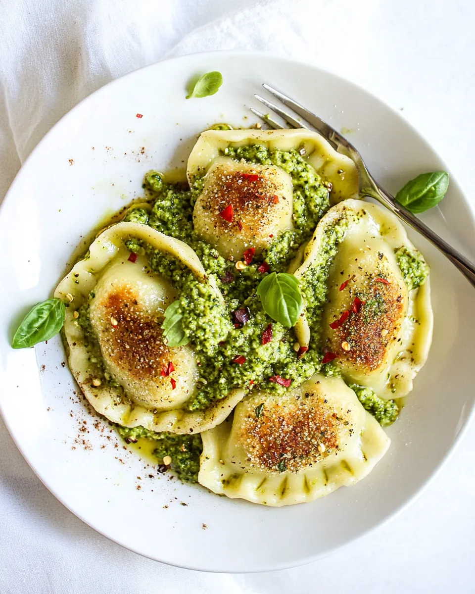 Tasty Crispy Baked Pierogies with Broccoli Pesto shot