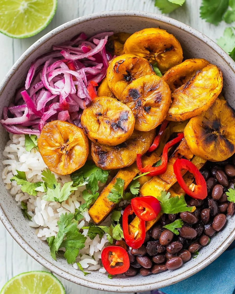 Delicious Cuban Black Beans and Rice with Roasted Peppers and Plantains shot